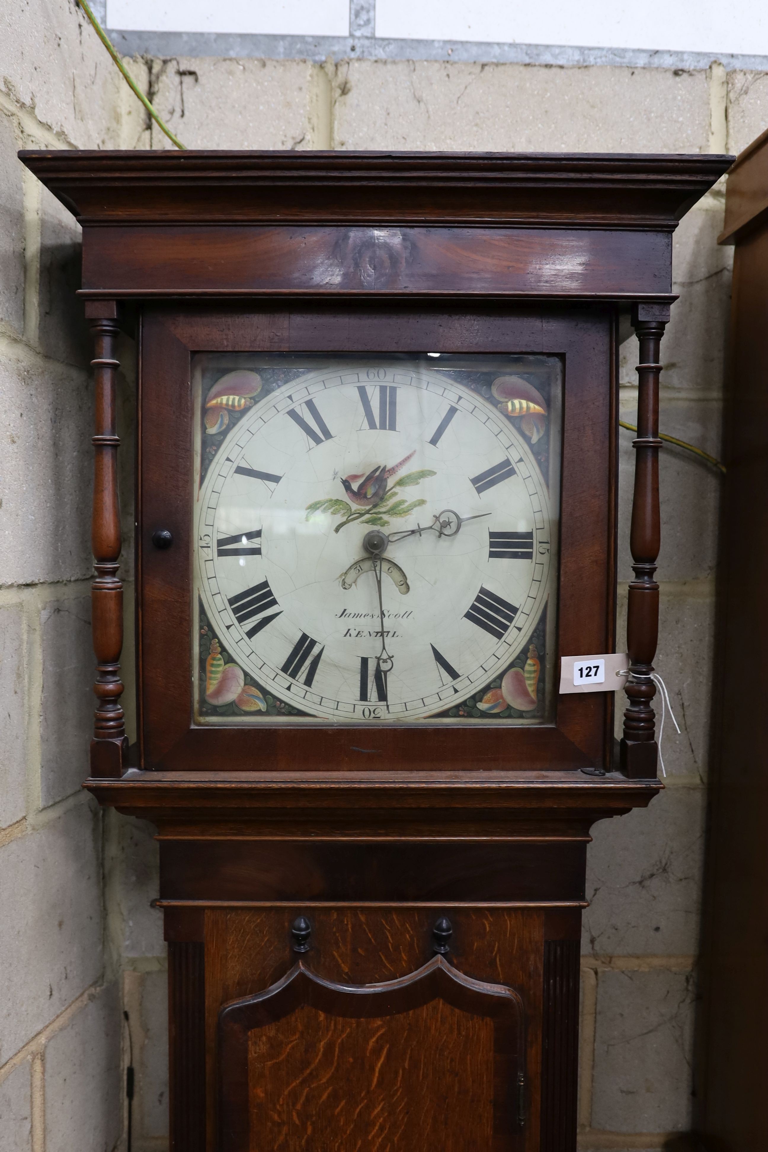 A George III 30 hour longcase clock, having painted dial signed 'James Scott, Kendal' in mahogany banded oak case, height 200cm